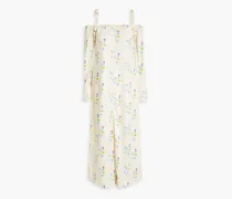 Cold-shoulder floral-print crinkled-satin midi dress - Neutral