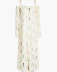 Ganni Cold-shoulder floral-print crinkled-satin midi dress - Neutral Neutral