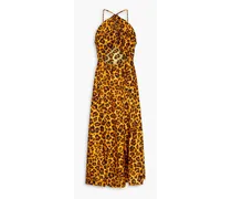 Cutout ruched leopard-print satin-twill midi dress - Animal print