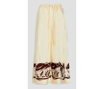 Cropped printed silk-twill wide-leg pants - White