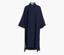 Oversized printed cotton and linen-blend twill midi shirt dress - Blue