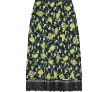 Chrissy lace-trimmed printed silk crepe de chine skirt - Black