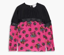 Paneled lace-trimmed floral-print silk crepe de chine blouse - Black