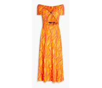 Off-the-shoulder cutout printed jersey midi dress - Orange