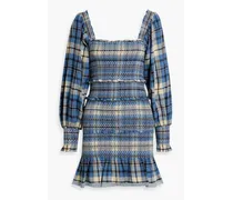Stanley smocked checked cotton-flannel mini dress - Blue