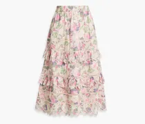 Naila tiered floral-print broderie anglaise cotton midi skirt - Pink
