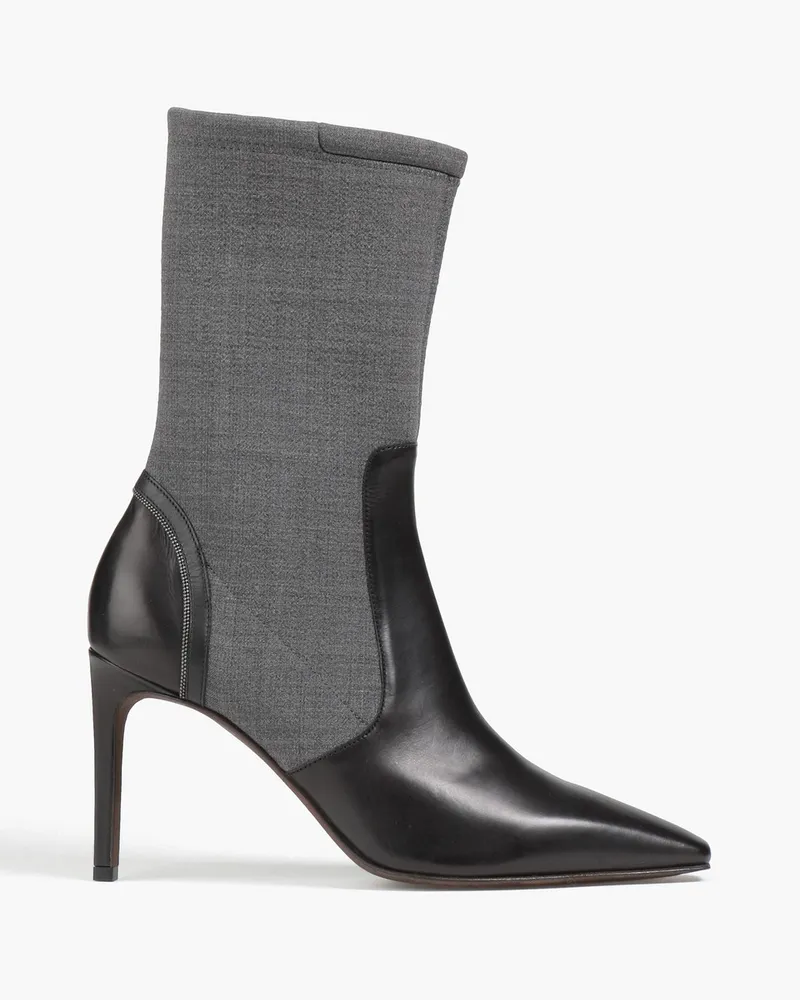 Brunello Cucinelli Bead-embellished leather and stretch-knit ankle boots - Black Black