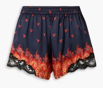 Lace-trimmed printed satin shorts - Blue