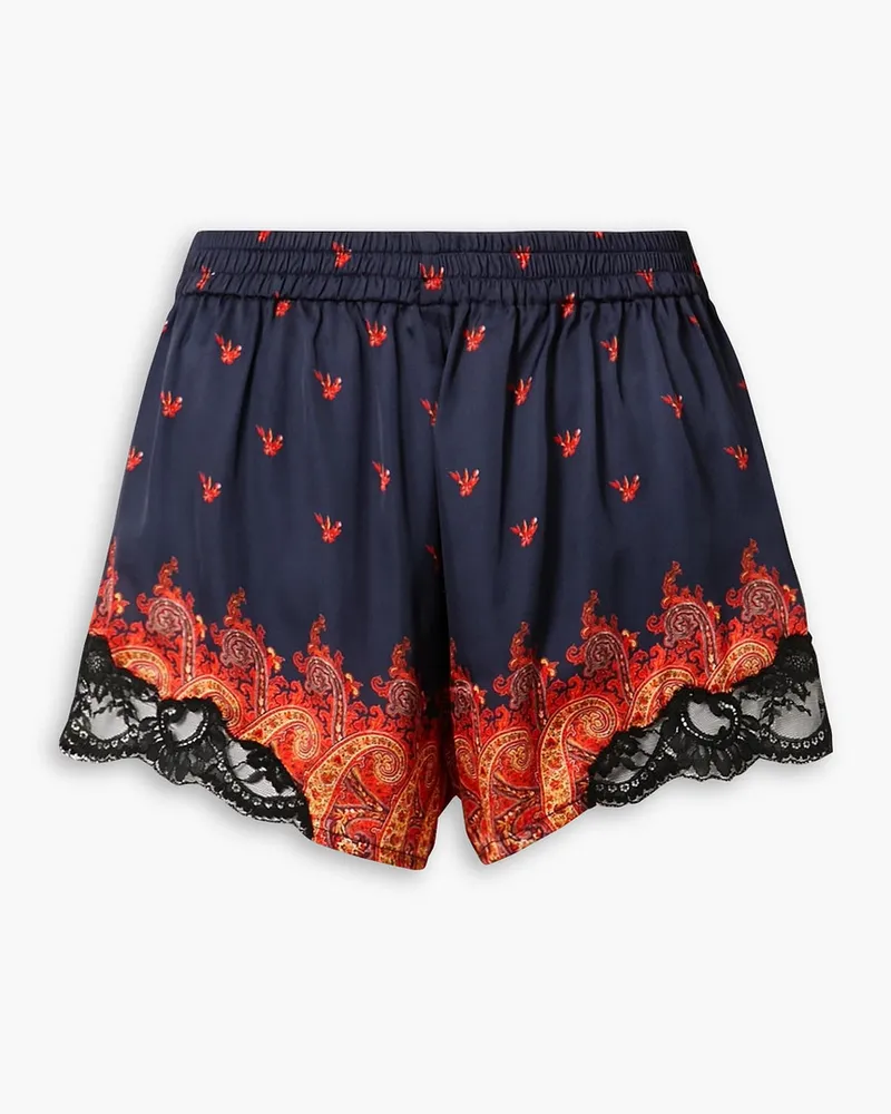 Lace-trimmed printed satin shorts - Blue