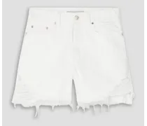 Embroidered distressed organic denim shorts - White