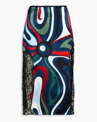 Emilio Pucci Lace-paneled printed satin skirt - Blue Blue