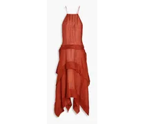 Asymmetric tiered linen and silk-blend midi dress - Brown