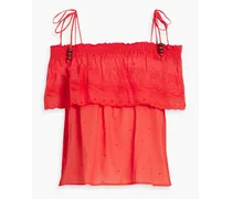 Felicia cold-shoulder shirred broderie anglaise cotton top - Red