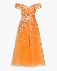 Zuhair Murad Off-the-shoulder embellished tulle midi dress - Orange Orange