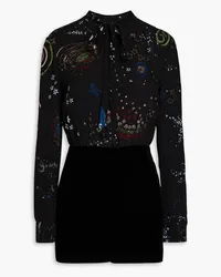 Valentino Garavani Pussy-bow printed silk-crepe playsuit - Black Black