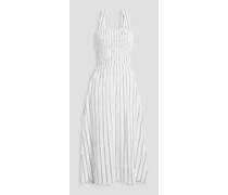 Shirred striped jacquard midi dress - White