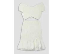 Nella off-the-shoulder shirred broderie anglaise cotton-blend mini dress - White
