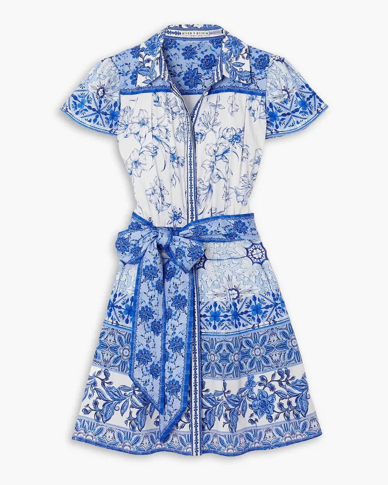 Alice + Olivia Alice Olivia - Tiffie belted printed cotton-blend mini shirt dress - Blue Blue