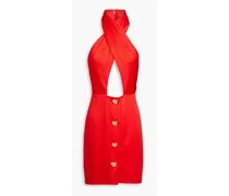 Button-embellished satin halterneck mini dress - Red