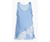Lace-trimmed layered cotton-jersey and satin tank - Blue