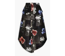 Floral-print linen and silk-blend shantung midi skirt - Black