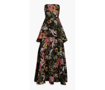 Tiered floral-jacquard gown - Black
