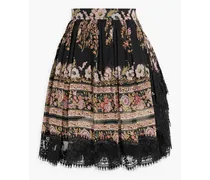 Lace-trimmed printed silk-georgette mini skirt - Black