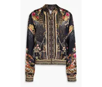 Crystal-embellished floral-print silk-satin bomber jacket - Black