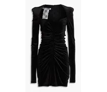 Flocked tulle-paneled ruched velvet mini dress - Black
