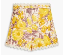 Rickrack-trimmed printed linen-jacquard shorts - Yellow