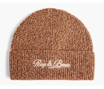 Embroidered mélange ribbed wool-blend beanie - Brown