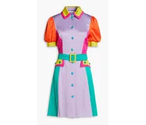 Color-block pleated satin-crepe shirt dress - Purple