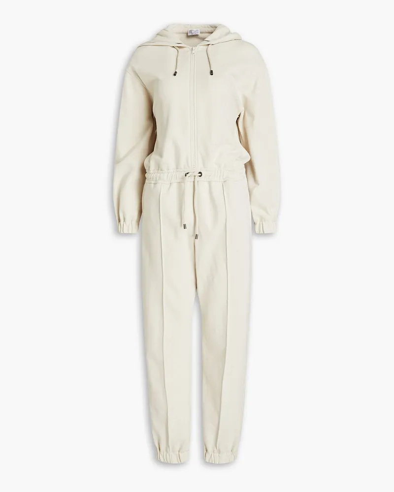 Brunello Cucinelli Bead-embellished French cotton-terry jumpsuit - White White
