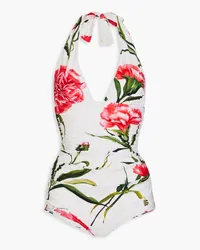 Dolce & Gabbana Ruched floral-print halterneck swimsuit - Orange Orange