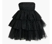 Strapless tiered crystal-embellished tulle mini dress - Black