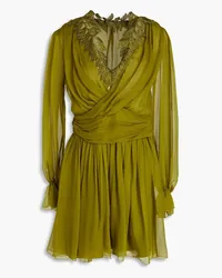 Alberta Ferretti Guipure lace-trimmed draped silk-voile mini dress - Green Green