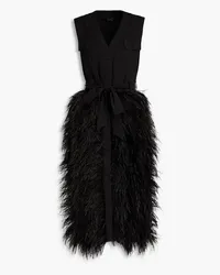 Huishan Zhang Belted feather-trimmed pintucked crepe midi dress - Black Black