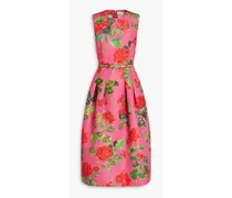 Belted floral-print faille midi dress - Pink