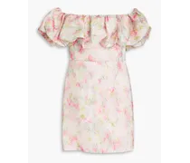 Off-the-shoulder ruffled printed organza mini dress - Pink