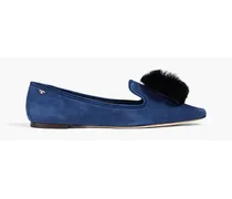 Pompom-embellished suede slippers - Blue