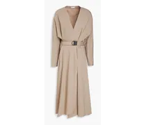 Belted stretch-wool midi wrap dress - Neutral