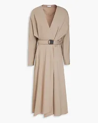 Brunello Cucinelli Belted stretch-wool midi wrap dress - Neutral Neutral