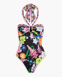 Camilla Embellished floral-print halterneck swimsuit - Black Black