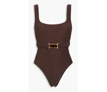 Belted metallic ribbed stretch-jersey swimsuit - Brown