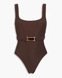 Zimmermann Belted metallic ribbed stretch-jersey swimsuit - Brown Brown