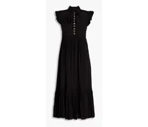 Ruffled button-detailed crepe de chine midi dress - Black