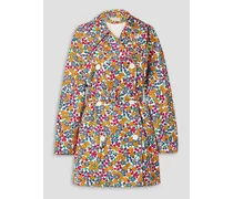 Belted double-breasted floral-print cotton-blend twill coat - White