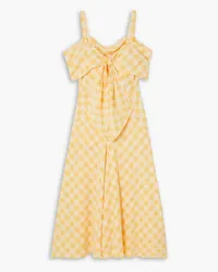 Anna Mason Lily bow-detailed cold-shoulder gingham cotton midi dress - Yellow Yellow