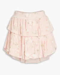 LoveShackFancy Tiered floral-print slub cotton-jersey mini skirt - Pink Pink