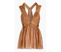 Pintucked linen and silk-blend mini dress - Brown